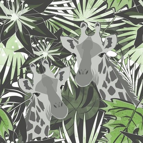 Giraffes in the tropical forest. Gray, green pattern.