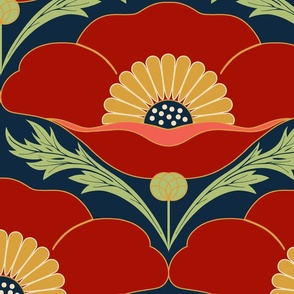 (L) Art deco poppy scallop in vivid red and navy