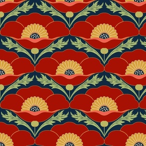 (M) Art deco poppy scallop in vivid red and navy