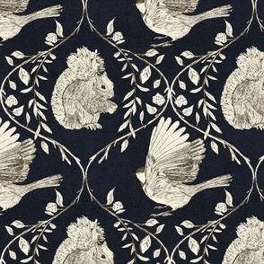 Branches and Vines birds and squirrels Navy Blue Small