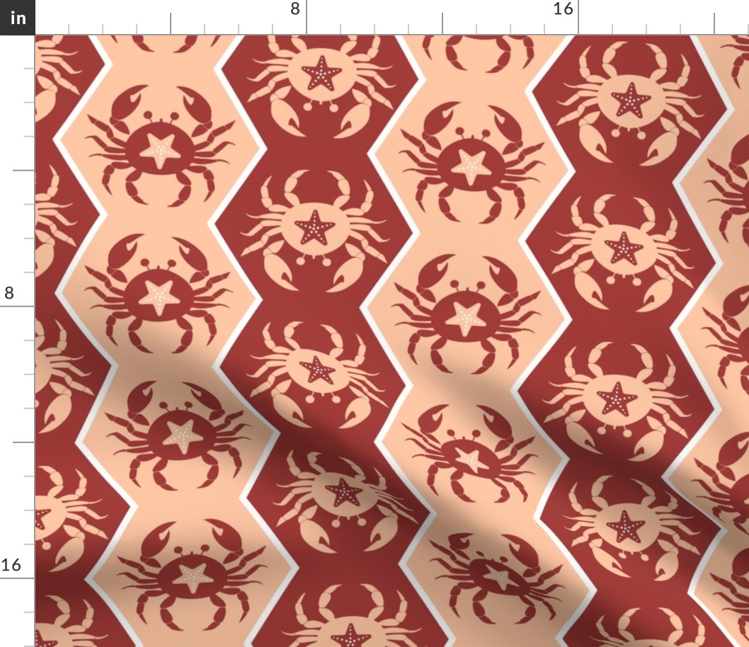 crabs on vertical stripes in peach and red | nautical summer fabric | large
