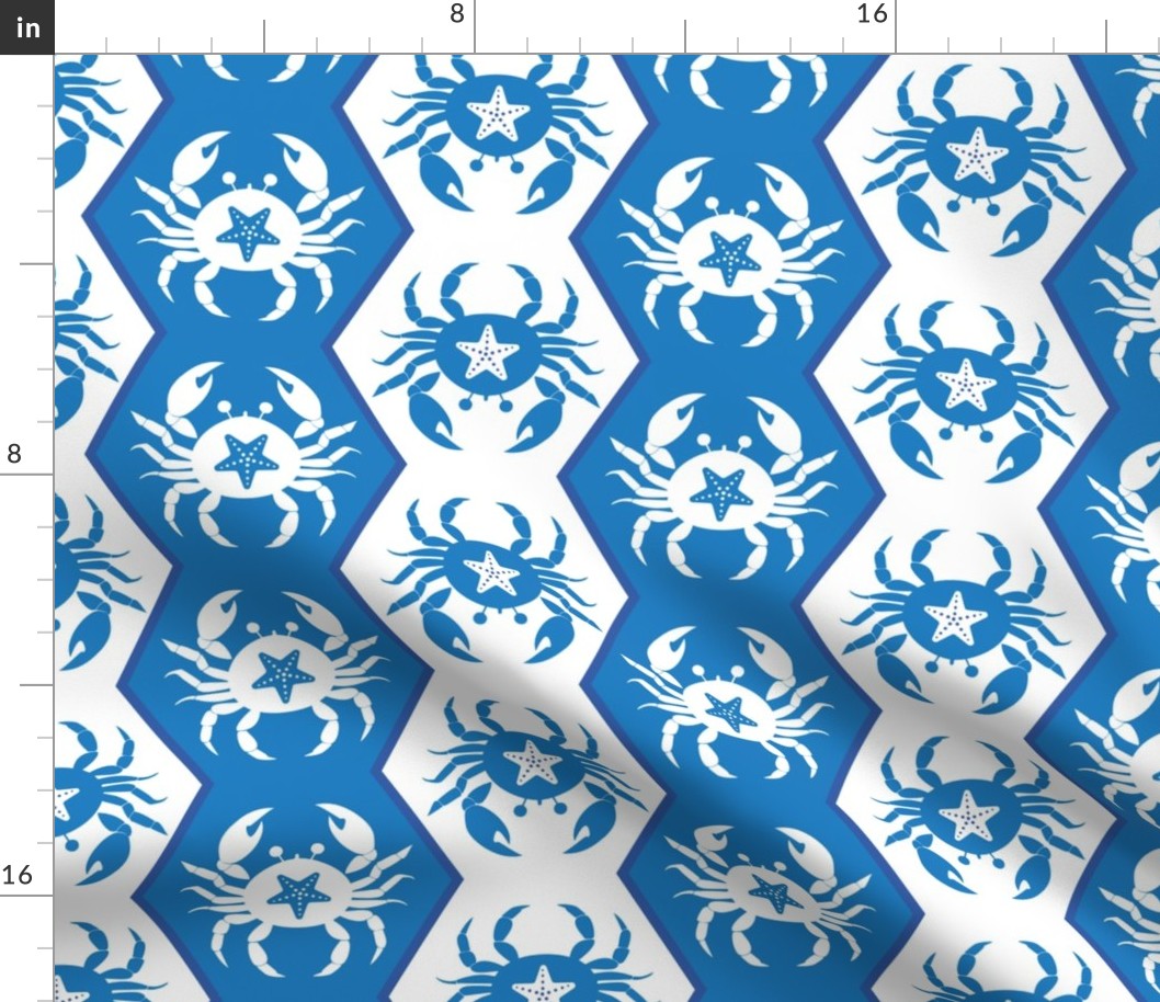 crabs on vertical stripes in blue and white | nautical summer fabric | large