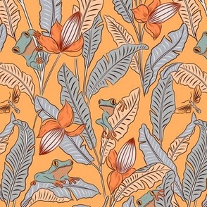 (M) Tropical tree frogs, banana leaves and flowers in  neutral shades on bright orange background