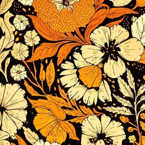 Boho Floral design orange and beige Black background L