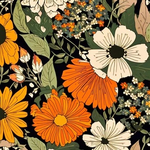 Maya_Boho_Floral orange green Black background Large_Scale