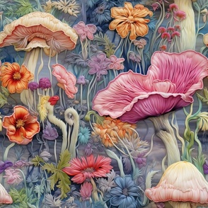 Watercolor Mushroom Floral Garden Fantasy / Flower Upholstery Fabric / Wallpaper / Home Decor