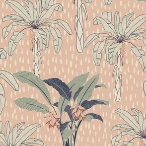  Tropical Rain exotic palms// tropical trees pink , blue and sage Green//medium scale// wallpaper// fabric//home decor 