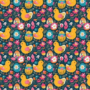 Vintage Easter Pattern with Easter Eggs, Chicks and Flowers 