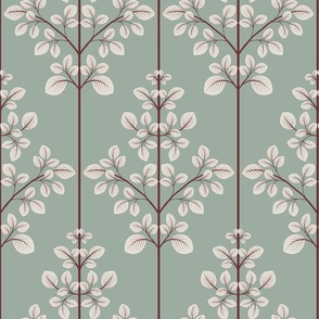 Three Leaves Branches Damask in pastel blue green ( medium scale ).