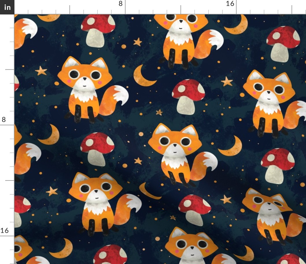 Cute Fox Cottagecore Aesthetic Pattern With Mushrooms, Moons And Stars 