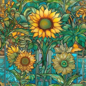 Stained Glass Joy of Sunflowers / Flower Upholstery Fabric / Wallpaper / Home Decor