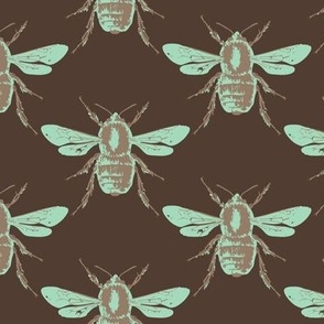Medium scale bee geometric block print diamond pattern in a neutral brown and vibrant teal blue green.