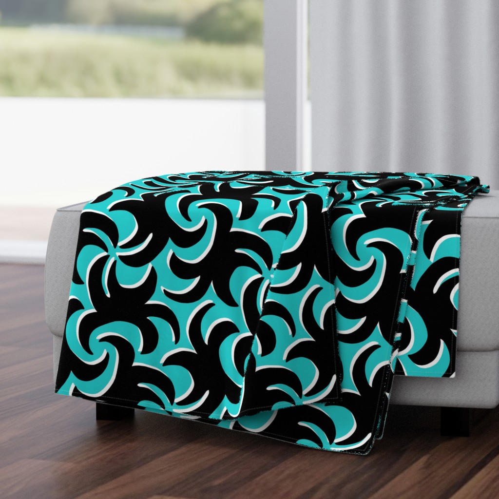 Dramatic Whirling Sprouts in Turquoise Blue Black and White