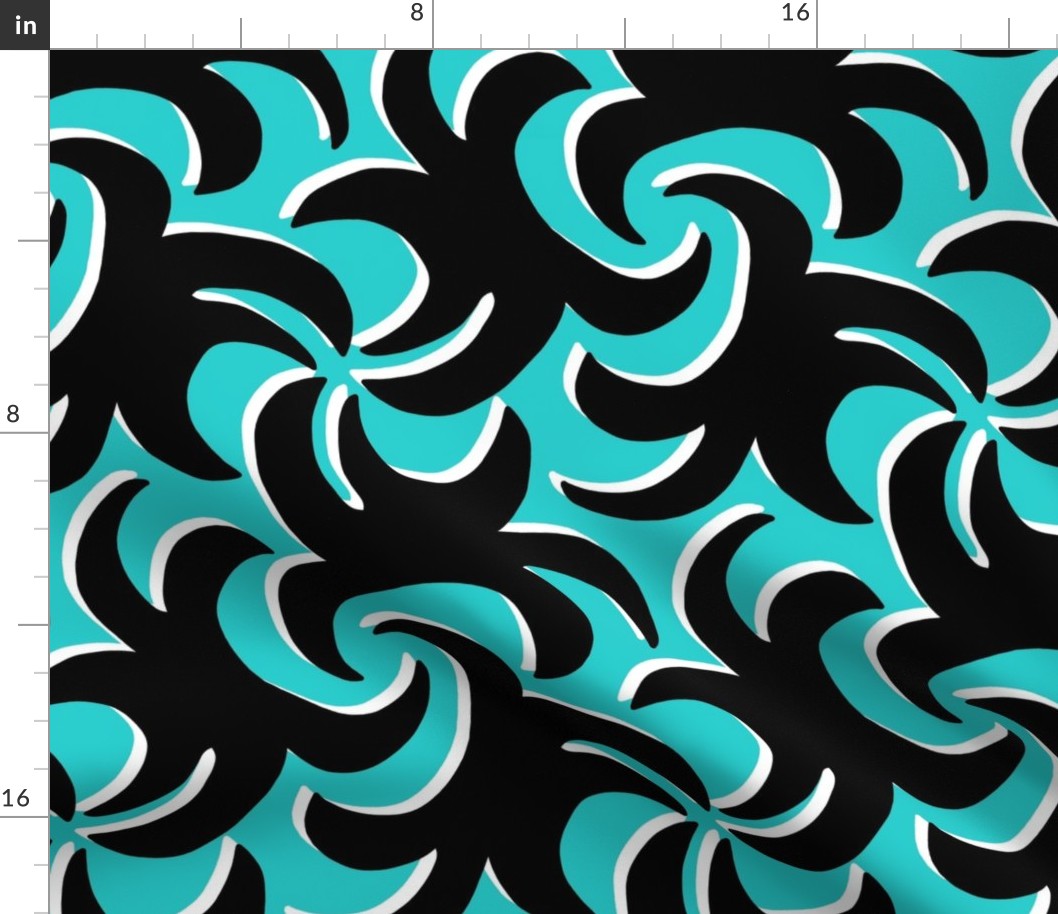 Dramatic Whirling Sprouts in Turquoise Blue Black and White