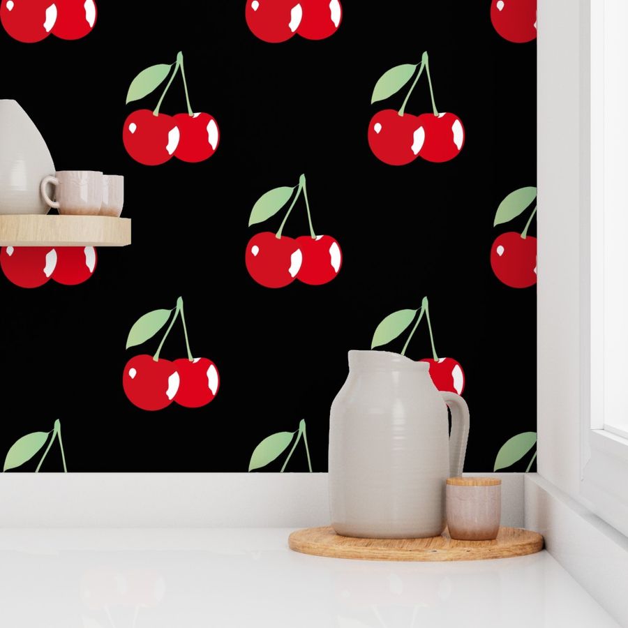 Bright Red Cherries on Black Cute Cherry Pattern