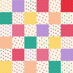 SUMMER FRUIT CHEATER QUILT - Whole Cloth Quilt - Squares - Cream, Red, Pink, Green, Peach