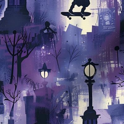 Gothic Skateboarders Textile: Vampires & Zombies, Youthful Dark Purple, Action Sports Inspired, Urban Monster Night Theme for Boys' Apparel & Decor