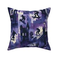 Gothic Skateboarders Textile: Vampires & Zombies, Youthful Dark Purple, Action Sports Inspired, Urban Monster Night Theme for Boys' Apparel & Decor