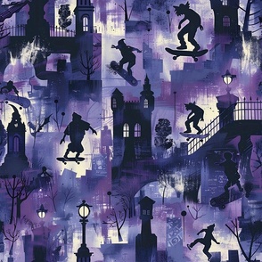 Gothic Skateboarders Textile: Vampires & Zombies, Youthful Dark Purple, Action Sports Inspired, Urban Monster Night Theme for Boys' Apparel & Decor