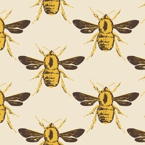 Medium scale bee geometric block print diamond pattern in a deep neutral brown with a vibrant saffron yellow and beige.