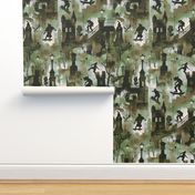 Gothic Skateboarders Textile: Vampires & Zombies, Youthful Camo Green & Black, Action Sports Inspired, Urban Monster Night Theme for Boys' Apparel & Decor