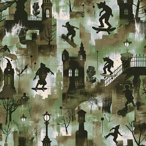 Gothic Skateboarders Textile: Vampires & Zombies, Youthful Camo Green & Black, Action Sports Inspired, Urban Monster Night Theme for Boys' Apparel & Decor