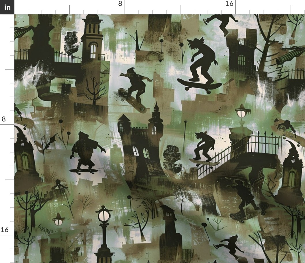 Gothic Skateboarders Textile: Vampires & Zombies, Youthful Camo Green & Black, Action Sports Inspired, Urban Monster Night Theme for Boys' Apparel & Decor