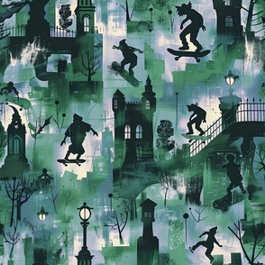 Gothic Skateboarders Textile: Vampires & Zombies, Youthful Green Blue & Black, Action Sports Inspired, Urban Monster Night Theme for Boys' Apparel & Decor