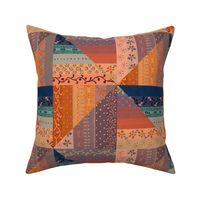 12” repeat medium Faux patchwork cabin core windmills hand drawn doodles on faux woven burlap texture in orange hues and teal