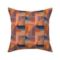 6” repeat small Faux patchwork cabin core windmills hand drawn doodles on faux woven burlap texture in orange hues and teal