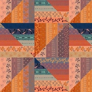 6” repeat small Faux patchwork cabin core windmills hand drawn doodles on faux woven burlap texture in orange hues and teal