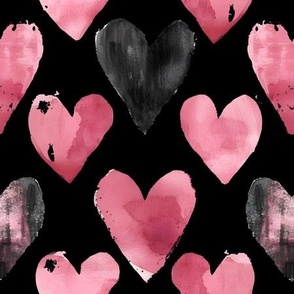 Watercolor Pink & Black Hearts on Black - medium