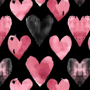 Watercolor Pink & Black Hearts on Black - large