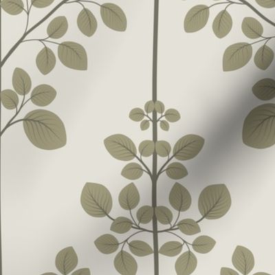 Three Leaves Branches Damask in green and ivory ( medium scale )