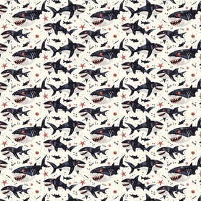 Vampire Sharks Nautical Teen Boys Fabric: Scary Fierce Ocean Sea Life, Medium Scale Cream, Black, Red - Adventurous Youth Bedroom & Apparel Design