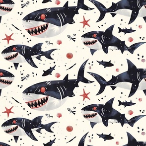 Vampire Sharks Nautical Teen Boys Fabric: Scary Fierce Ocean Sea Life, Large Scale Cream, Black, Red - Adventurous Youth Bedroom & Apparel Design