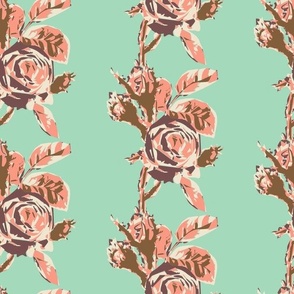 Medium scale vertical stripe block print floral in russet and sepia brown with peach pink on a blue green celadon teal ground.