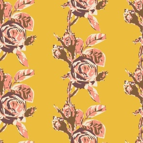 Medium scale vertical stripe block print floral in russet and sepia brown with peach pink on a saffron yellow ground.