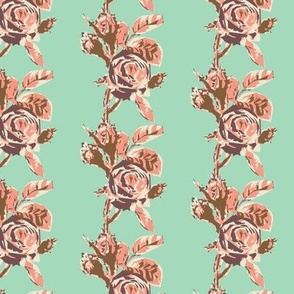 Small Scale vertical block print stripe floral in russet and sepia brown with peach pink on a blue green celadon teal ground.