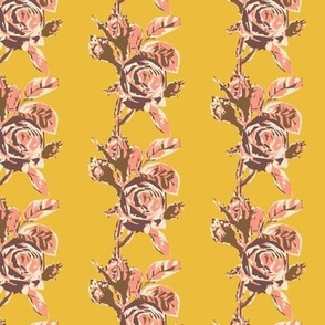 Small Scale vertical block print stripe floral in russet and sepia brown with peach pink on a saffron yellow ground.