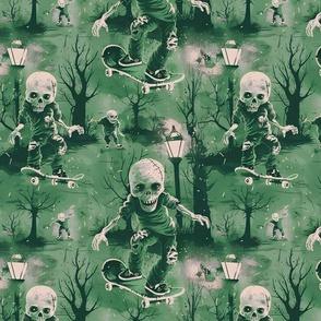 Zombie Skaters Halloween Fabric: Teen Boy Spooky Apocalypse Design, Scary BlueGreen Skateboarding Textile, Haunted Halloween Theme for Youth Fashion & Decor