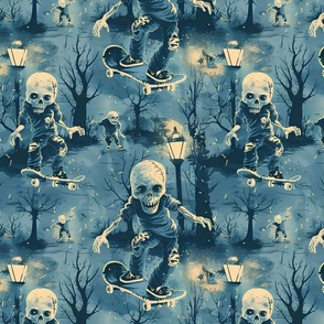 Zombie Skaters Halloween Fabric: Teen Boy Spooky Apocalypse Design, Scary Blue Skateboarding Textile, Haunted Halloween Theme for Youth Fashion & Decor