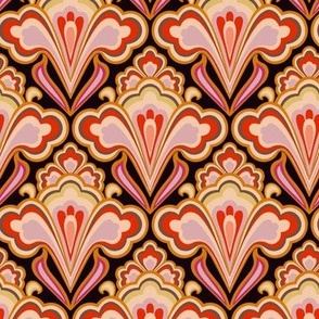 Medium Scale // Classic Decorative Swirls in Bold Coral Red, Pink, Yellow & Dark Gray