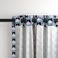 Tuxedo Cat on Blue and Pink Gradient Hexagon Grid - Small