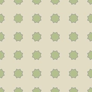 Spanish Tile- Geometric Flowers- Green on Khaki, Beige Background.