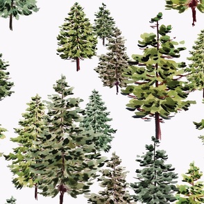 Handpainted Watercolor Pine Trees Forest in Pearl White, and Green - Medium Scale