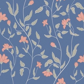 Vintage pink flower vines on soft blue background