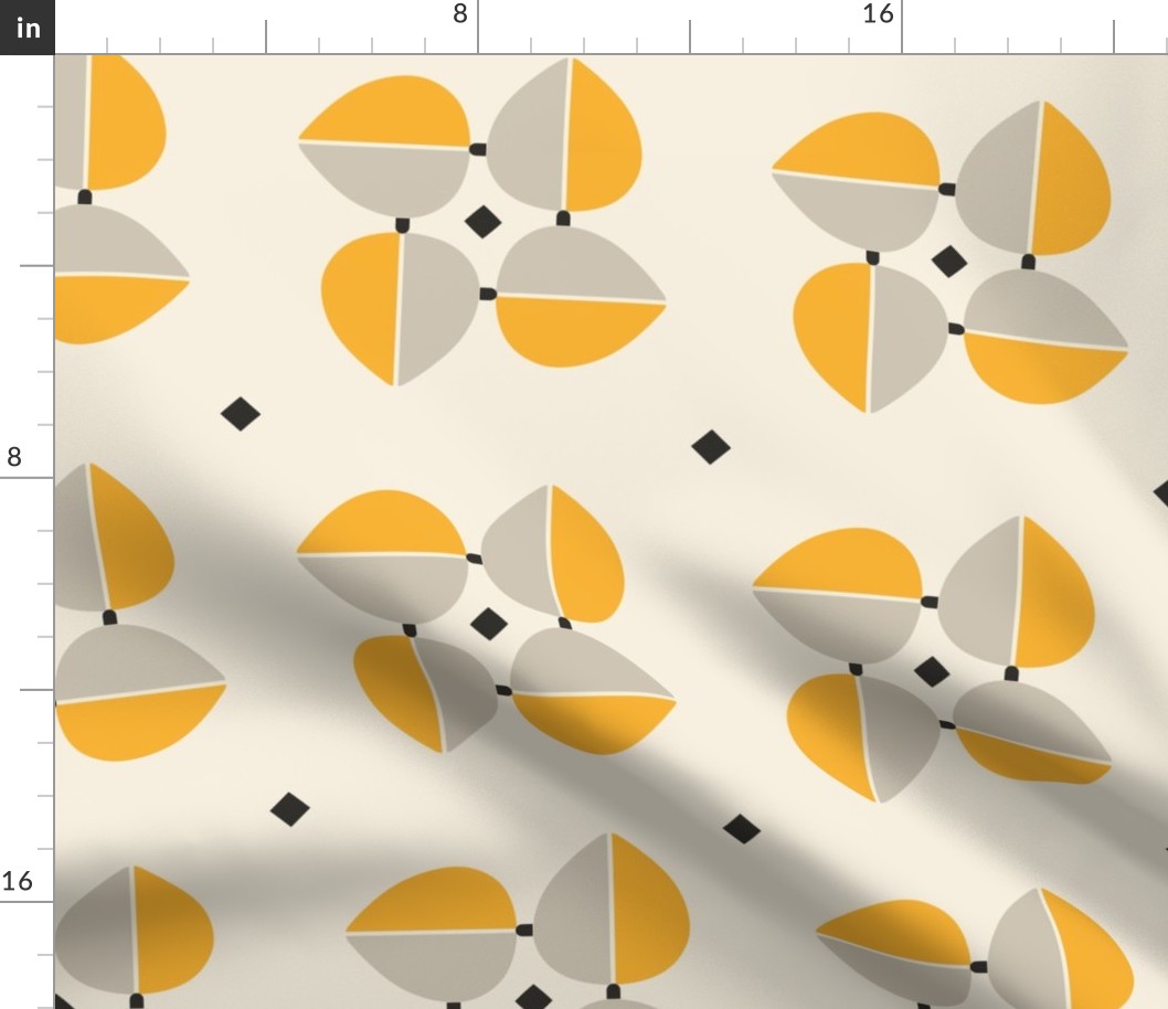 Large | Abstract pattern featuring four tulip-like shapes in grey and yellow