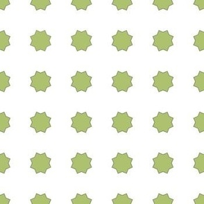 Spanish Tile- Geometric Flowers-Green on White Background.