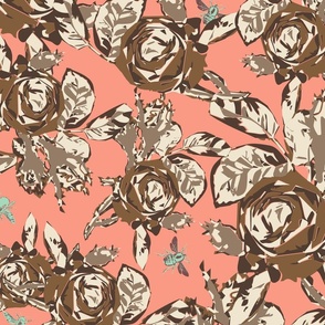 Large scale abstract roses and bees block print floral in peach pink, browns, beige and vibrant blue green celadon teal.